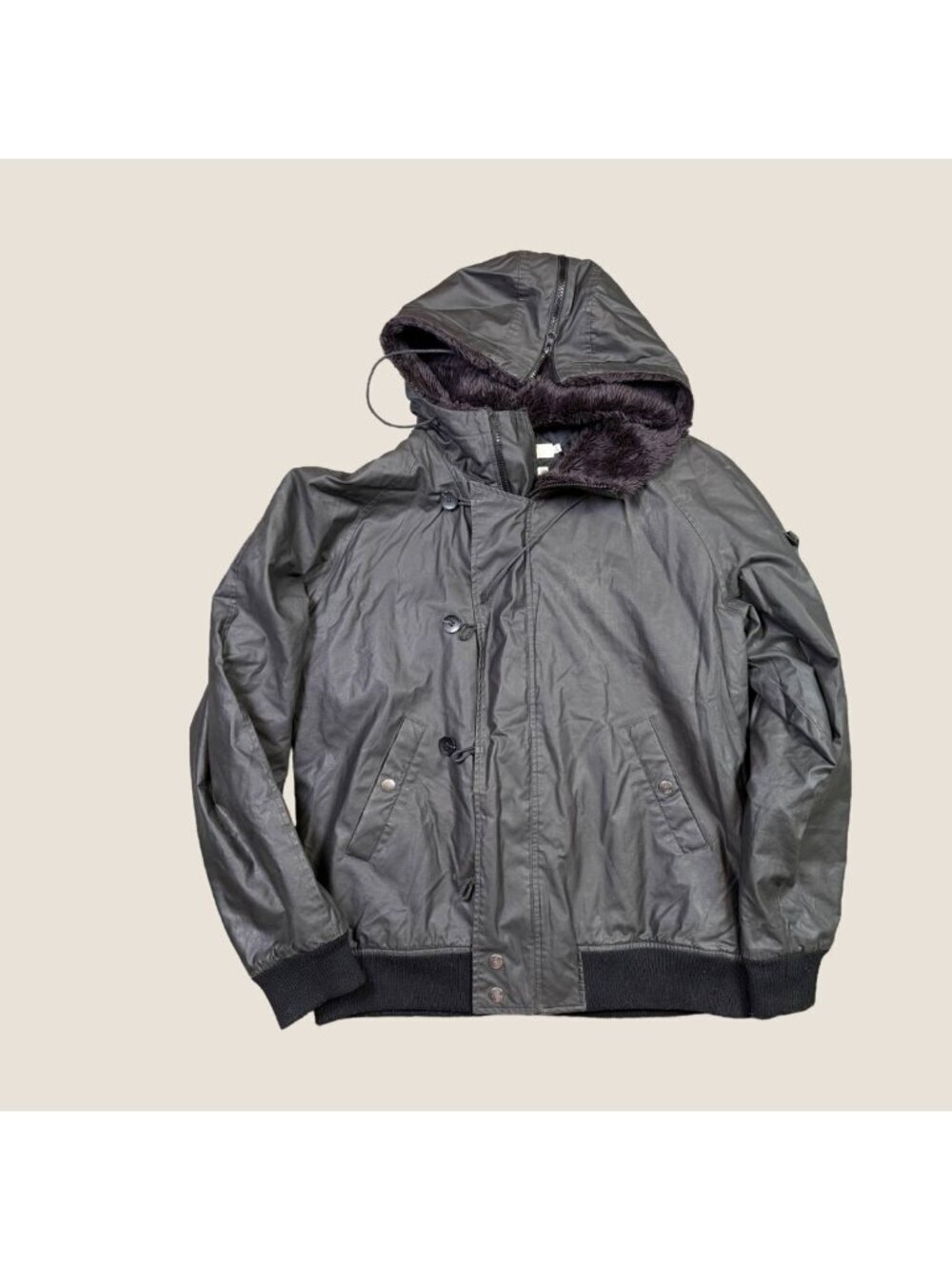 Shades of Grey by Micah Cohen Waxed Hooded Jacket Mens Large Black Faux Fur 2010